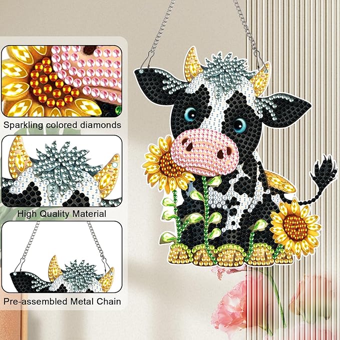 MVVMTOP Diamond Painting Kits Hanging Pendant,Cow Diamond Art Hanging Sign DIY Special Shaped Crystal Wreath Ornaments for Home Decor Gift, HGJ038