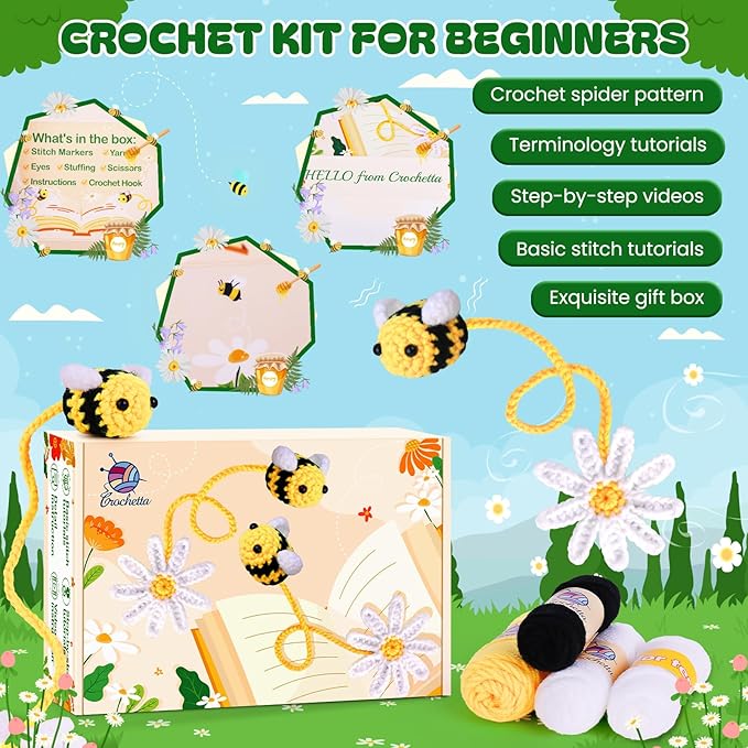 Crochetta Crochet Kit for Beginners, Crochet Starter Kit w Step-by-Step Video Tutorials, Beginner Crochet Kit for Adults Kids Women Men Complete Kit Included (Bee Bookmark)