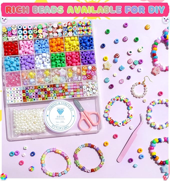 MontoSun Bead Bracelet Making Kit, Friendship Bracelets Making Beads Kit, Pony Beads Charms Beads Clay Flower Letter Beads for Jewelry Making Kit, DIY Arts and Crafts Gifts for Girls Age 6 7 8 9 10-12