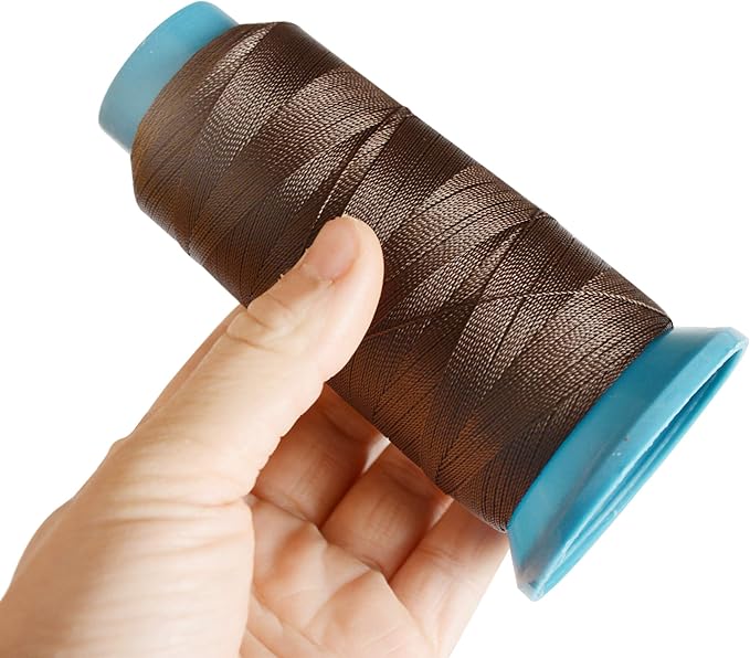 YANTAISIYU Dark Brown Polyester Sewing Thread, 1500 Yards, 210D Strength, with 12pcs C Type Needles, for Wigs, Hair Extensions, DIY Sewing, Leather, Wallets, Gloves, Beading
