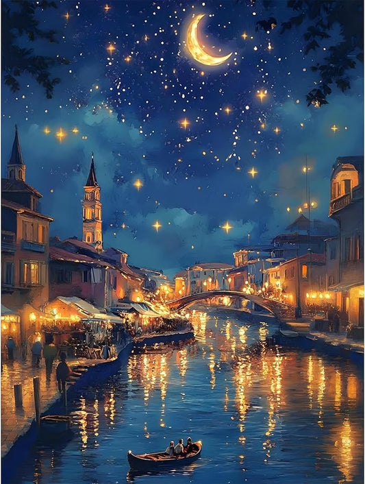 GEEHEIY Venice Diamond Art Kits for Adults, Starry Night 5D Diamond Painting Kits for Beginner, DIY Full Drill Round Gem Art for Home Wall Decor 12 x16 Inch