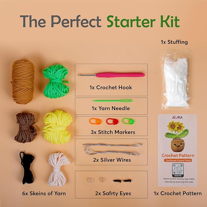 A-URA Learn to Crochet Kit for Beginners Kids and Adults, Premium Pattern Sunflower Beginner Crochet Kits with Easy Tube Yarn & Step-by-Step Video Tutorials