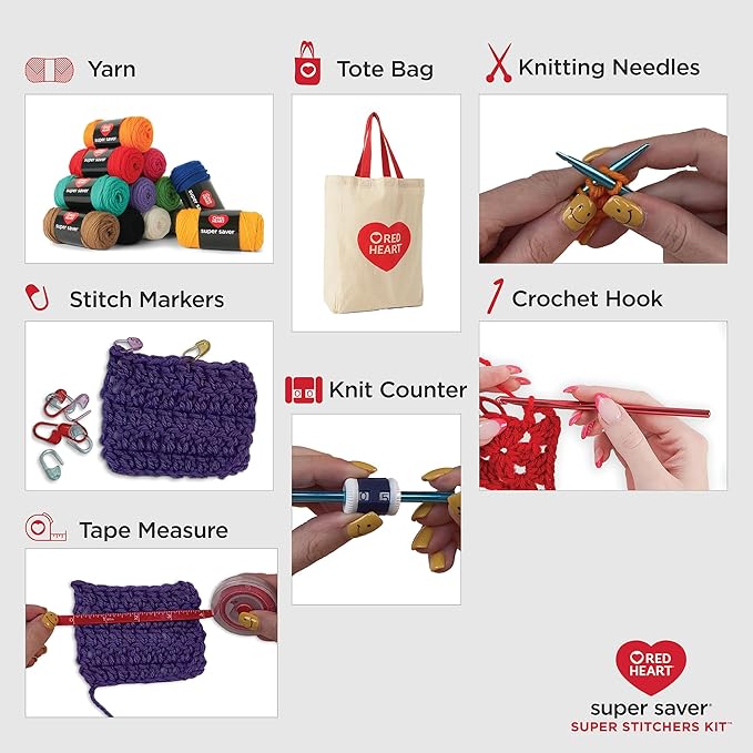 Red Heart Super Saver Yarn Stitchers Kit, 12 Balls, 1 Tote Bag, 1 Knitting Needle, 1 Crochet Hook, 1 Measuring Tape, 1 Knit Counter
