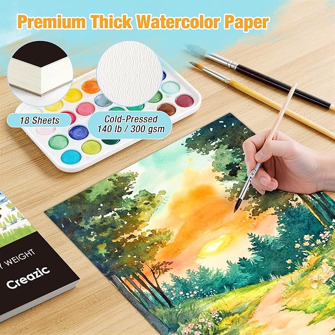 Creazic Watercolor Paper Pad, 9"x12" Watercolor Notebook, 140lb/300gsm, 18 Sheets Cold Pressed - No Bleed, Heavyweight Art Paper for Watercolor & Mixed Media - Water Color Sketchbook for Kids, Black