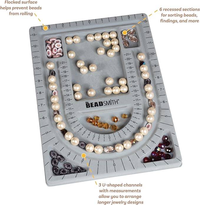 The Beadsmith Bead Board, Grey Flocked, 3 U-Shaped Channels, 6 Recessed Compartments, 9.5 x 13 inches, Design Boards for Creating Bracelets, Necklaces and Other Jewelry