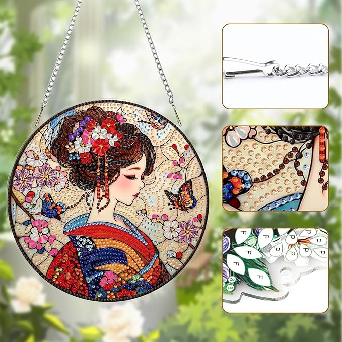 Lxmsja DIY Stained Glass Japanese Diamond Painting Hanging Ornament, Double-Sided Acrylic Geisha Kimono Diamond Art Kit, Special Shaped Suncatcher Hanging Pendant Window Art Kit