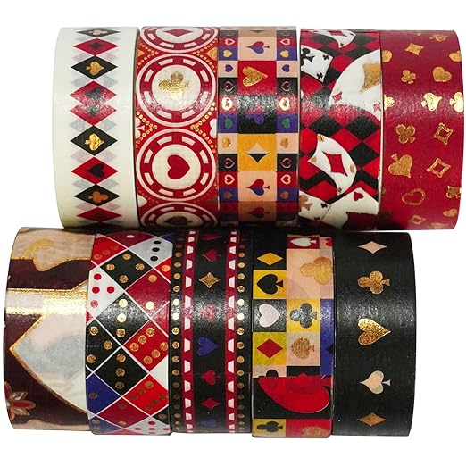 Poker Washi Tape Set 10 Rolls Playing Cards Patterns Gold Decorative Tapes for Journals, Planners, Scrapbooking, Gift Wrapping, DIY Crafts (Poker)