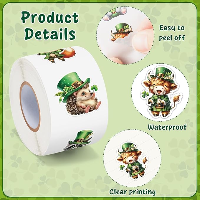 h1vojoxo st. patrick's day sticker rolls - 1000pcs shamrock irish cute cartoon stickers for kids 16 design st. patrick's cute animal sticker for craft st. patrick cartoon animal stickers for envelope