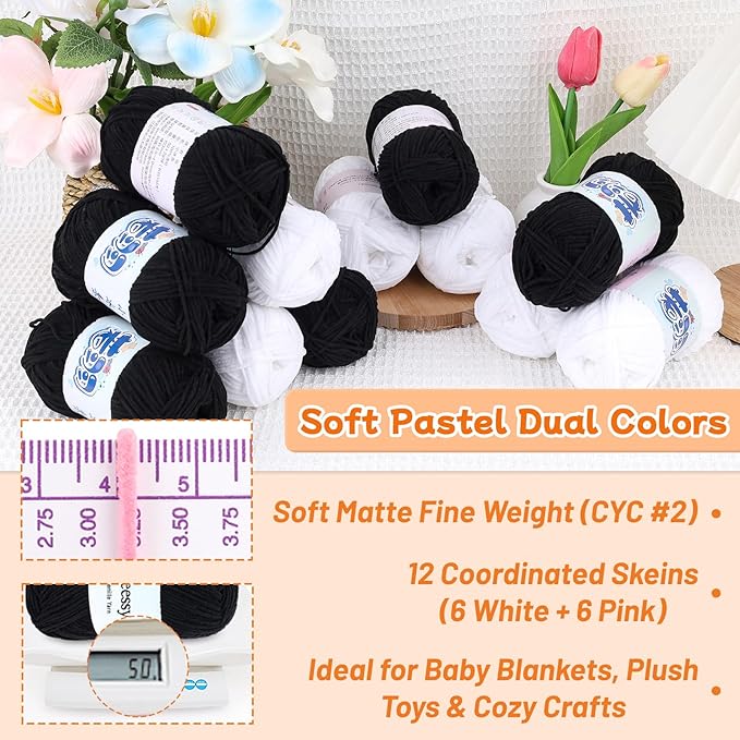 Skinny Chenille Yarn Pack - 12 Skeins (6 White + 6 Black, 1.76oz/50g Each, Total 1,896yd) – Fine Weight Matte Chenille Yarn for Crocheting – Soft CYC#2 for Baby Iteams, Plush Toys & Home Décor