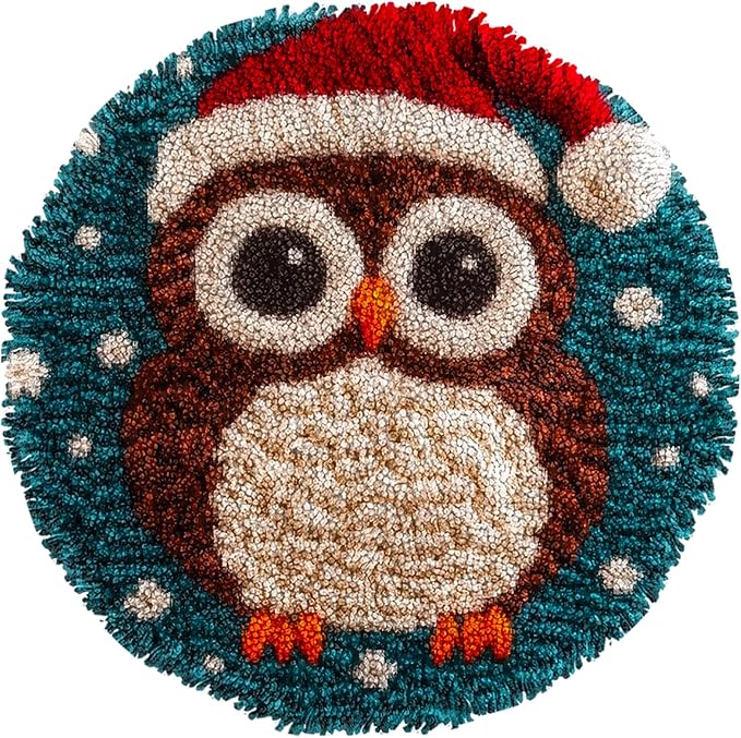 Latch Hook Rug Kit Cute Cartoon Owl Wear Christmas Hat Easy for Beginners Round Shape Carpet Crochet Yarn Craft Mini Rug DIY Hook and Latch Little Tapestry for Home Decor 30x30cm-1