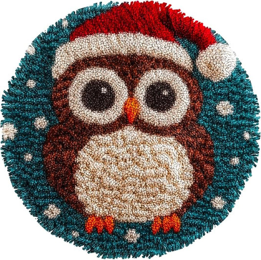 Latch Hook Rug Kit Cute Cartoon Owl Wear Christmas Hat Easy for Beginners Round Shape Carpet Crochet Yarn Craft Mini Rug DIY Hook and Latch Little Tapestry for Home Decor 30x30cm-1