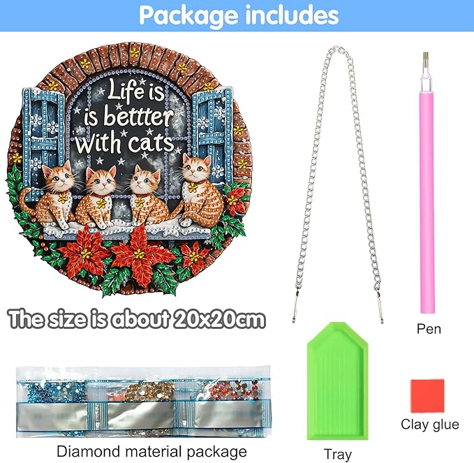 Reofrey Hanging Diamond Art Kits for Adults - 8x8 Inch Christmas Cat Acrylic Board Double Sided Pattern Diamond Art Suncatcher Pendant, DIY Crystal Art for Home Wall or Window Decoration Handmade Gift