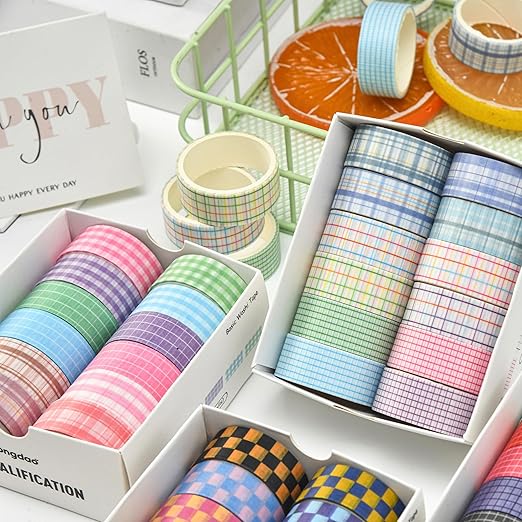 12 Rolls Grid Washi Tape Set Plaid Arts Adhesive Tapes Basic Patterns Decorative Masking Tape Sets for Craft, Kids, Scrapbook, DIY, Gift Wrapping (Style One)