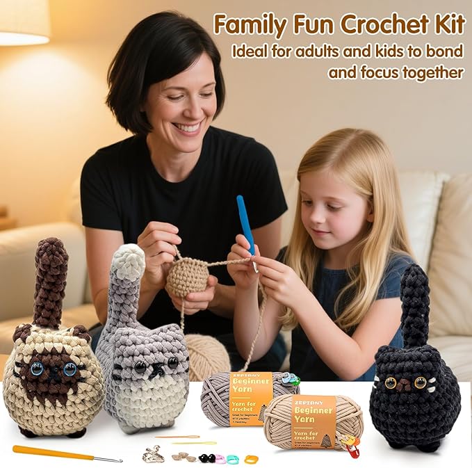 Zepiany Crochet Kit for Beginners, Crochet Cat Beginner Crochet Kit for Adults, Amigurumi Crochet Animals Cat Crafts Crochet Kits, Easy Knitting Kit Galentines Day Gifts