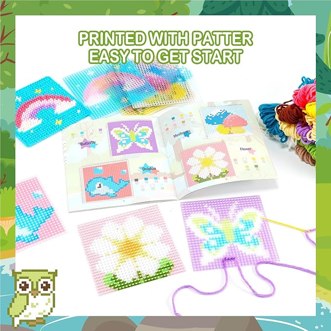Pllieay 10-in-1 Cross Stitch Beginner Kit for Kids, Kids Embroidery Kit for Beginners Includes 10pcs Plastic Mesh Canvas with Different Pattern, 17 Colored Threads, Instructions for Christmas