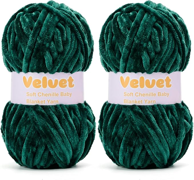 Velvet Yarn Chenille Yarn for Crocheting and Knitting Soft Chenille Bulky Baby Blanket Yarn DIY Weaving Craft 2pack Dark Green(4oz 66yds Each)