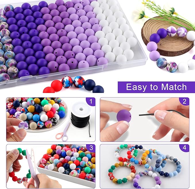 150Pcs Mixed Color 15mm Silicone Beads for Keychain Making, White Purple Print Silicone Beads for Pens and Bracelet Jewelry Making