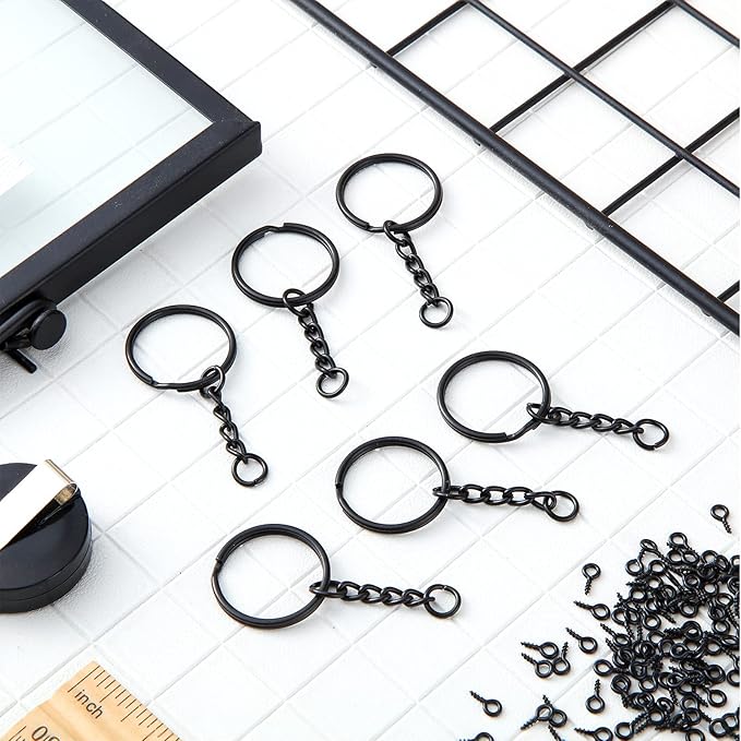 Hotop 360 Pcs Key Rings for Crafts Keychain Making Kit Including 90 Open Jump Rings Connectors, 180 Small Screw Eye Pins Hooks Bulk for DIY Keychain Supplies Crafts Jewelry Making(25 mm,Black)