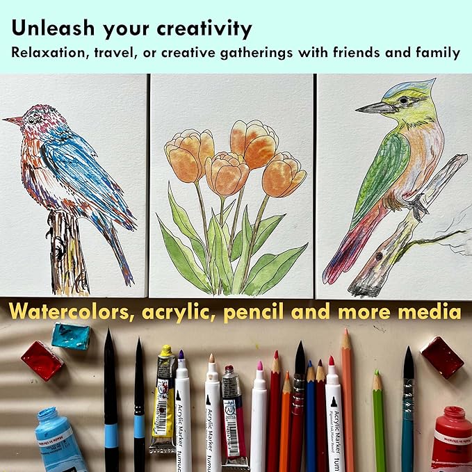 tumuarta Watercolor Coloring Book, 20 Unique Designs, 5x7”, 100% Cotton, 300GSM, 140 LB, Cold Press, Acid Free Watercolor Paper, Glue Bound Mixed Media Sketch Book Birds