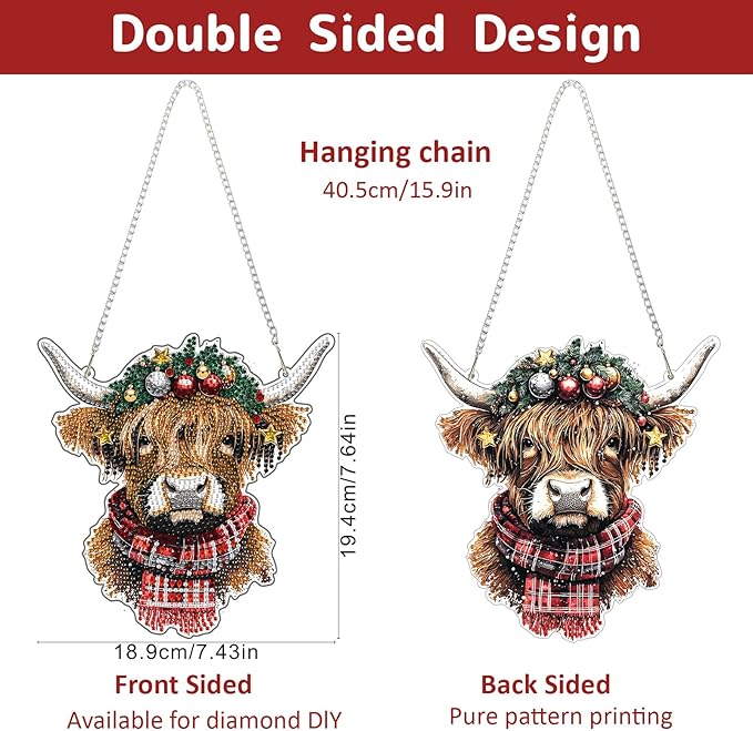 Genius maker Christmas Diamond Art Hanging Kits for Adults, Cow Diamond Painting Pendant Kits, DIY Acrylic 5D Special Shaped Crystal Diamonds Gem Art Painting Ornament for Home Wall Decor Gift