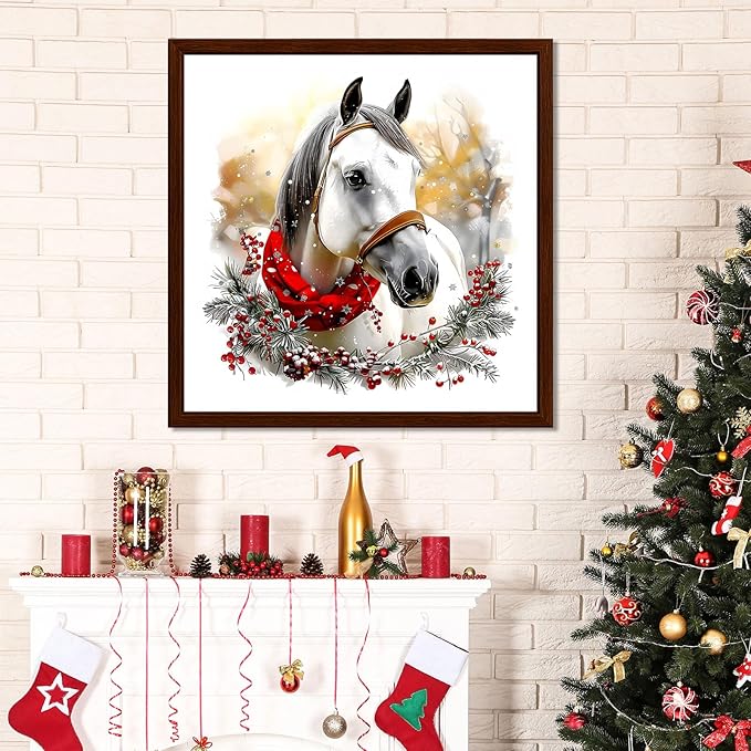 EMIEAUFG Christmas Diamond Art Kits for Adults, Horse Diamond Paiting Kit for Beginners, 5D DIY Round Full Drill Craft Diamond Dot Gem Art, Home Wall Decor 14" x 14"