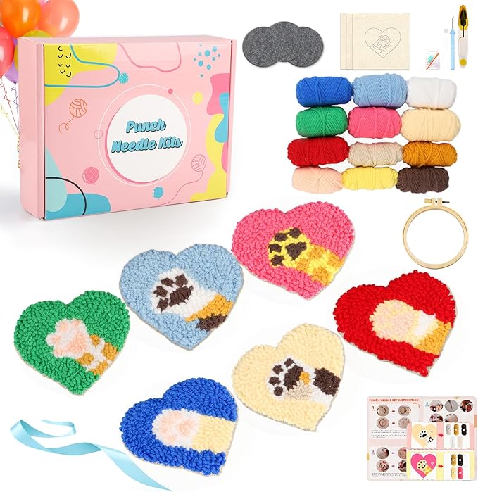 AIRDEA Punch Needle Drink Coasters Kit,Casual Punch Needle Embroidery Complete Kits for Beginner 3.29x3.29 Inches,Included All Accessories,DIY Car Coasters (Box-red Blue Beige)
