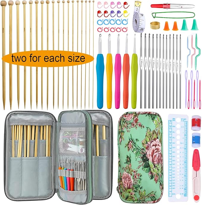 Mdoker 95pcs Knitting Needles Kit&Crochet Hooks Set 36 Straight Bamboo Knitting Needle 12 Small Size Lace Crochet Hook 5 Ergonomic Crochet Needles Knitting Set with Knitting Supplies&Accessories