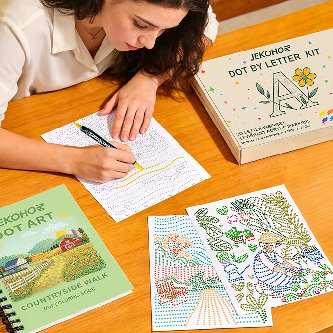 Coloring Book,Village Dot Art Meditations with 12 PCS Acrylic Markers,Mindfulness Adult Coloring Book-Relaxing,Anti-Stress,30 Patterns Coloring Books for Adults,Dot Art for Adults-Country Scenery