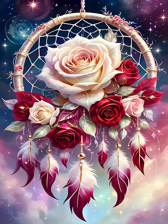 ijbnhd Rose Dream Catcher Diamond Painting Art Kit for Adults Rose Diamond Art Painting for Beginners Full Drill Round Gem Art Painting for Crafts Home Wall Decor Gift 12x16inch