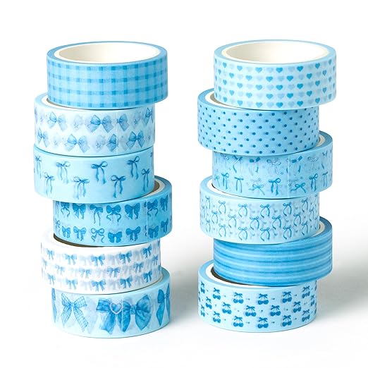 Blue Bow Washi Tape - 12 Pcs Watercolor Blue Bow Cherry Washi Colored Masking Decorative DIY Craft Art Tape Set School Office Teacher Scrapbooking Scrapbook Junk Journal Journaling Supplies