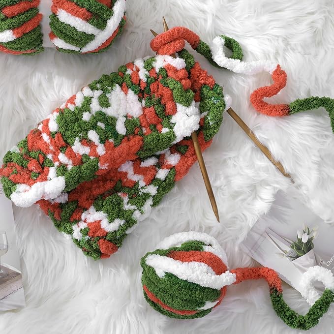 HOMBYS Chunky Tie Dye Mix Chenille Yarn for Hand Knitting, Super Bulky Jumbo Yarn for Crocheting, 3/4" Thick Soft Plush Yarn for Blankets, 8 Skein Pack (26 yds / 7.5 oz Each) Red Green White