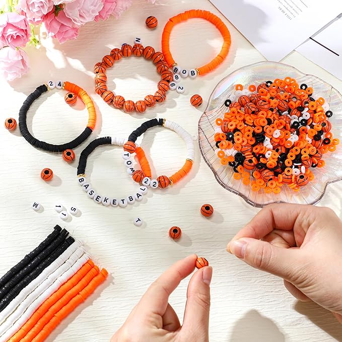 Ferreve 4200 Pcs Basketball 12 Strands Clay Beads Bracelet Making Kit, 100 Letter and Number Beads, 120 Basketball Acrylic with Gold Spacer, Charm Bracelet Kit for Sport Party