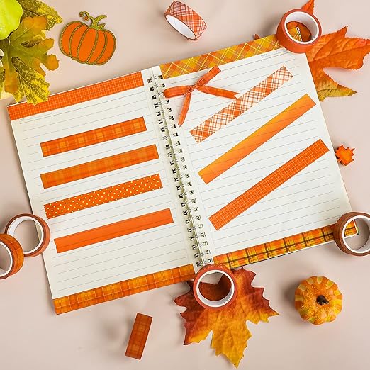 Whaline 12 Rolls Fall Plaid Washi Tapes Orange Red Buffalo Plaid Decorative Tape Autumn Solid Color Polka Dots Patterned Masking Tape for Fall Scrapbook Journal DIY Craft Gift Wrapping, 0.6Inch