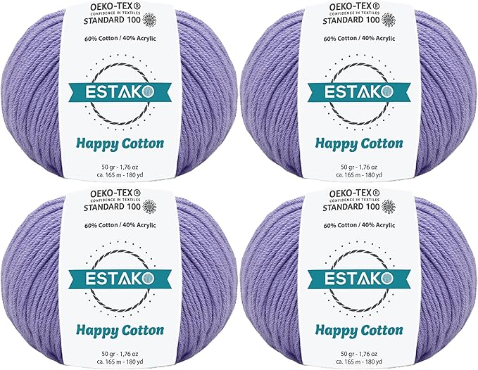 Estako Happy Cotton, (4 Skeins Pack) 60% Cotton 40% Acrylic Yarn, Soft, Fine/Sport (2) for Crochet and Knitting (4 x 1.76 Oz) / (4 x 180 Yrds) (4630 - Lila)