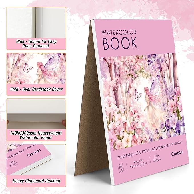 Creazic Watercolor Paper Book, 9"x12" Sketchbook, 18 Sheets 140lb/300gsm - No Bleed Art Paper for Watercolor, Acrylic Paint & Crayons - Gift Ideas for Adults & Students, Drawing Pad for Beginners