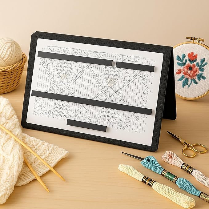 Flutesan 1 Pcs Black Knitting Pattern Holder, Fold up Cross Stitch Knitting Chart Keeper with 4 Pcs Replacement Magnets, Cross Stitch Accessories Supplies, Unfolded Size 16.7 x 10.6 Inch