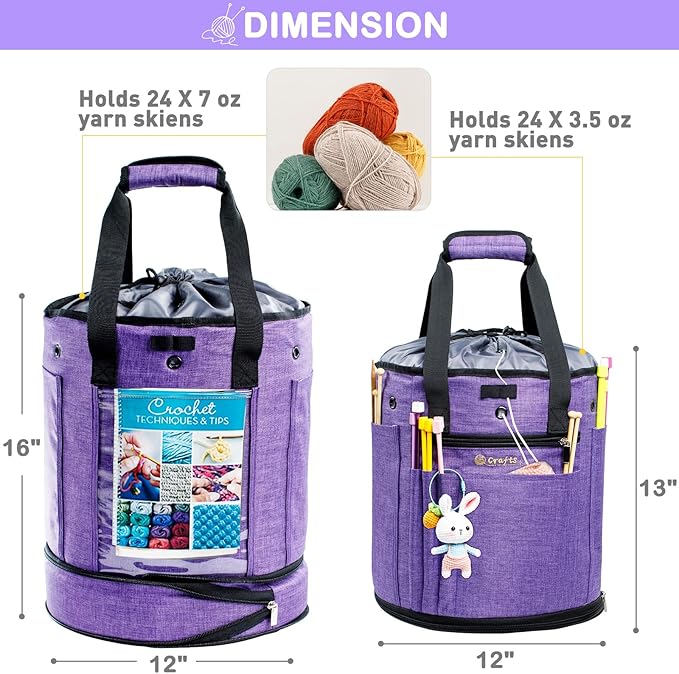 Expandable Yarn Storage Organizer, Crochet Bag & Yarn Tote with Zipper Closure, Yarn Holder for Crocheting and Knitting for Yarn Skeins, Hooks, Needles,Accessories – Gift for Crafters