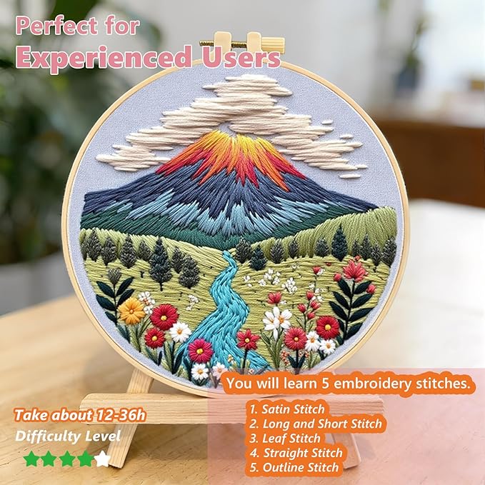 Embroidery Kit for Adults, Pre-Stamped Pattern Embroidery Kit for Beginners, DIY Hand Needlepoint Starter Kit with Hoop Thread Needle Instruction, 6.3'' Hoop (Nature Landscape 1 Pack)