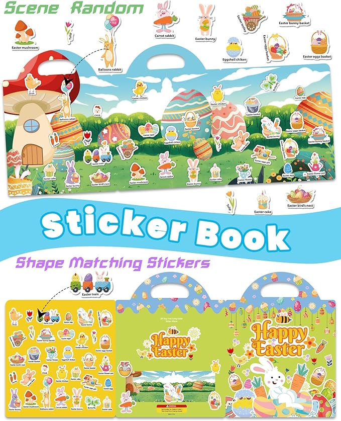 walenced reusable sticker book for toddlers, stickers for kids, toddler sticker book, toddler craft activities, toddler travel toys ages 3 and up boy girl birthday gifts - easter