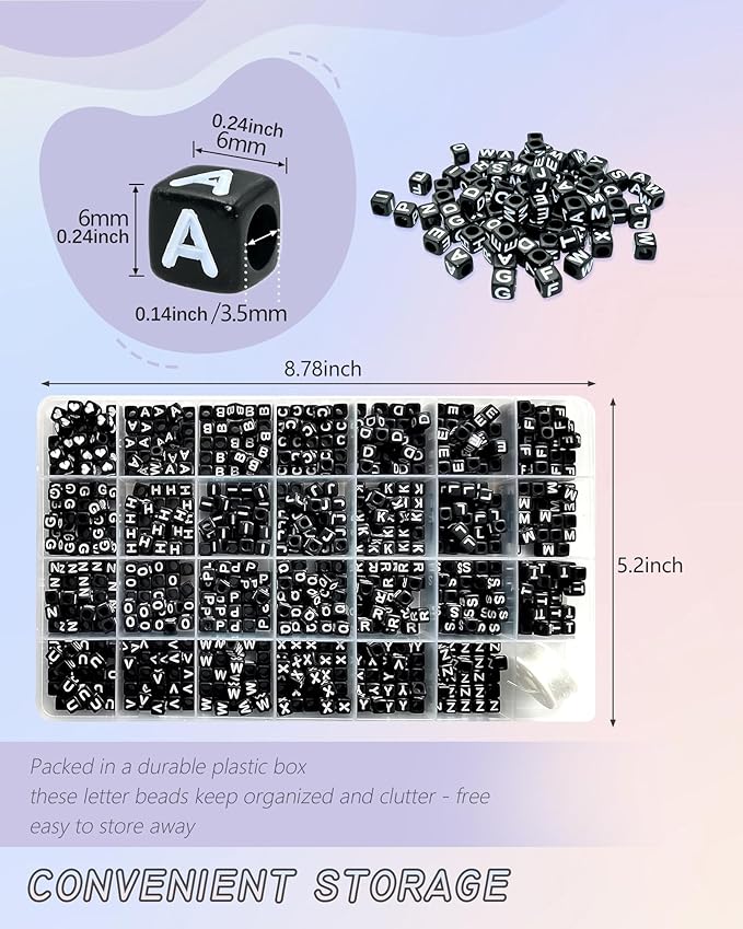 Amaney 810pcs Black Letter Beads 6x6mm Cube Acrylic Alphabet Beads and Cristal Line for Jewelry Making Bracelets Necklaces Key Chains