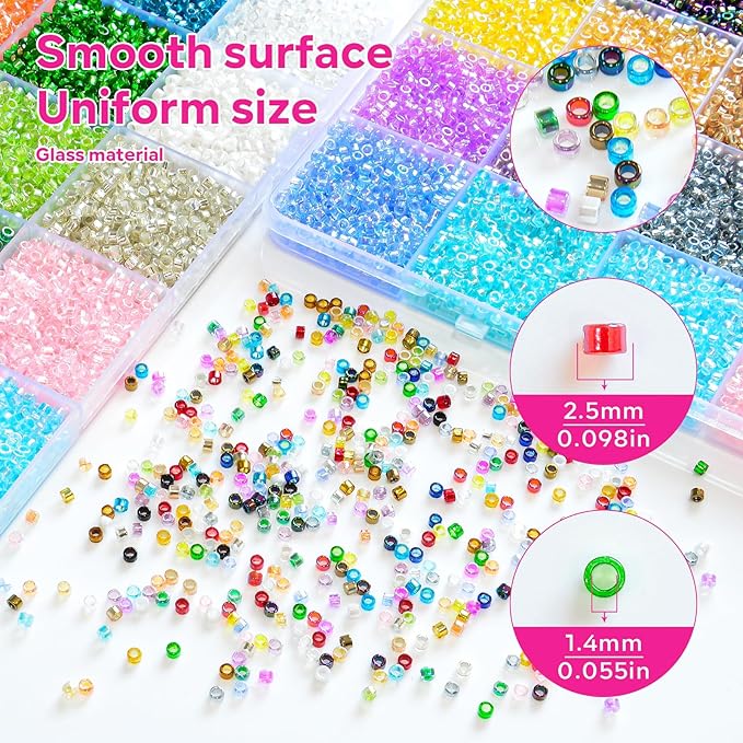 14000Pcs 2.5mm Glass Seed Beads Kit with Large Hole, 28 Colors Uniform Beads for Jewelry Making Supplies, DIY Crafts Bracelets Necklaces Earrings Jewelry Making Kit