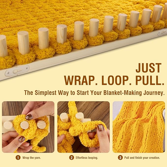 chunky blanket loom knitting looms and boards, adjustable size wooden loom for blanket, no needles required hand knitting kit for diy yarn craft, home decor, stress relief, beginner friendly (76 in)