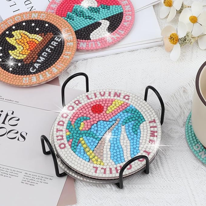Temlum 6 Pcs Diamond Painting Coasters with Holder, DIY Outdoor Camping Coasters Diamond Art Kits for Beginners, Adults Small Diamond Painting Art Craft Supplies