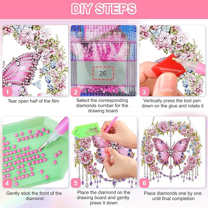 QENSPE Diamond Art Hanging Kits for Adults, 5D Pink Butterfly Special Shape Diamond Paingting Ornaments Kits with Chain, DIY Crystal Window Pendants for Home Garden Wall Decor Double Sided 8X8 inch