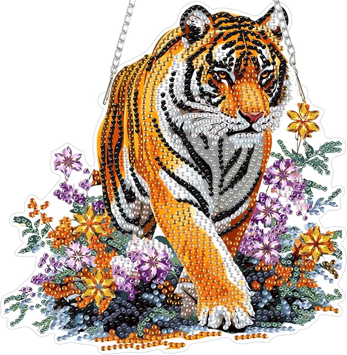 Lxmsja DIY Tiger Diamond Painting Hanging Ornament, Double-Sided Acrylic Lush Greenery Diamond Art Kit, Special Shaped Suncatcher Hanging Pendant Window Art Kit 8x8 inch
