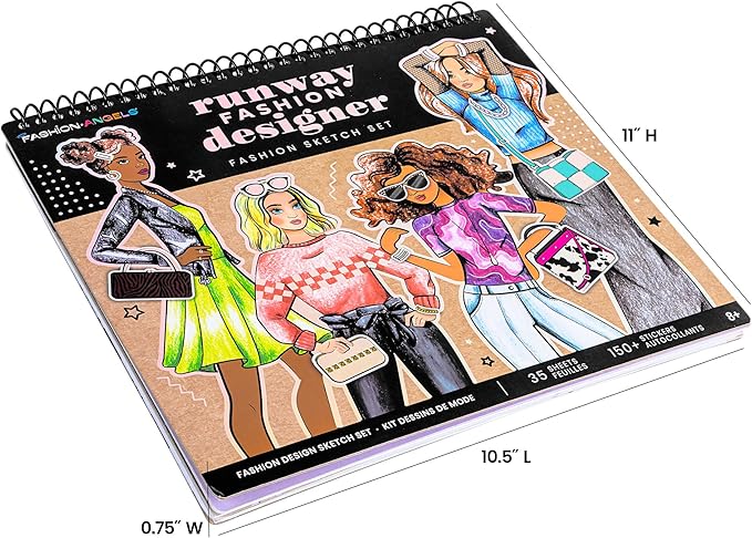 Fashion Angels Fashion Runway Design Portfolio Book, Includes 35 Sketch Sheets with 4 Stencil Pages & 150+ Stickers, Ideal for Kids Ages 8 & Up