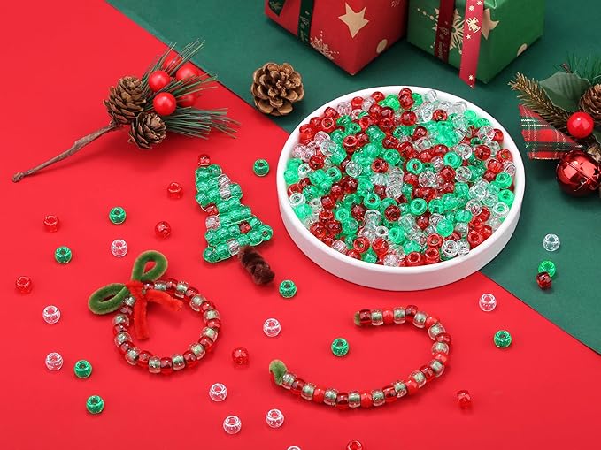 1000 Pcs Christmas Pony Beads Plastic Bead for Bracelets Christmas Beads for Jewelry Making Transparent Red Transparent Green White Pony Bead for Crafts