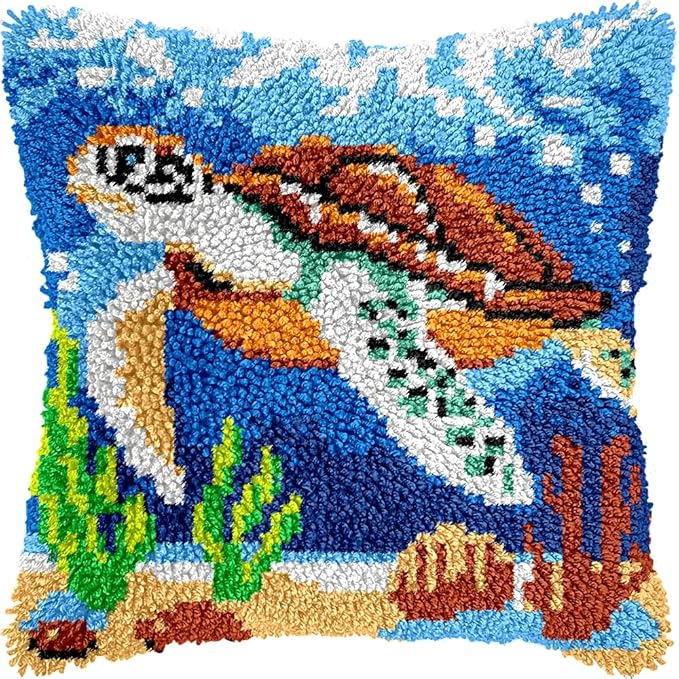 veirousa Traveling Sea Turtle Latch Hook Kits for Adults, Beginners Ocean Latch Hook Pillow Kit Pre-Printed Latch Hook Rug Kits Cross-Stitch Embroidery Cushion for Home Sofa Decoration 17x17 in.