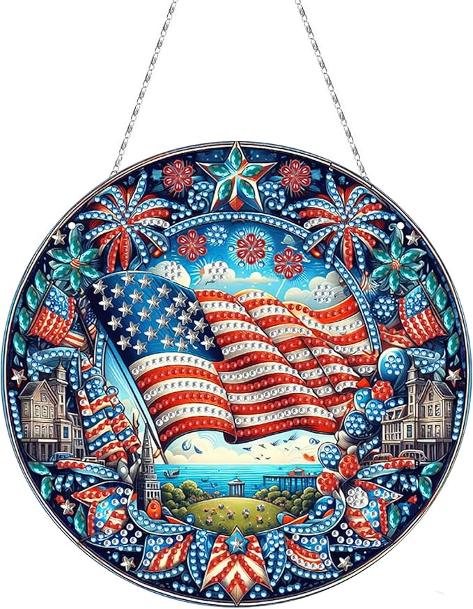 Generic DIY Hanging Diamond Pendant Special Shaped Crystal Diamond Art Painting Ornament Single Sided for Window Home Garden Wall Door Decor-Independence Day02
