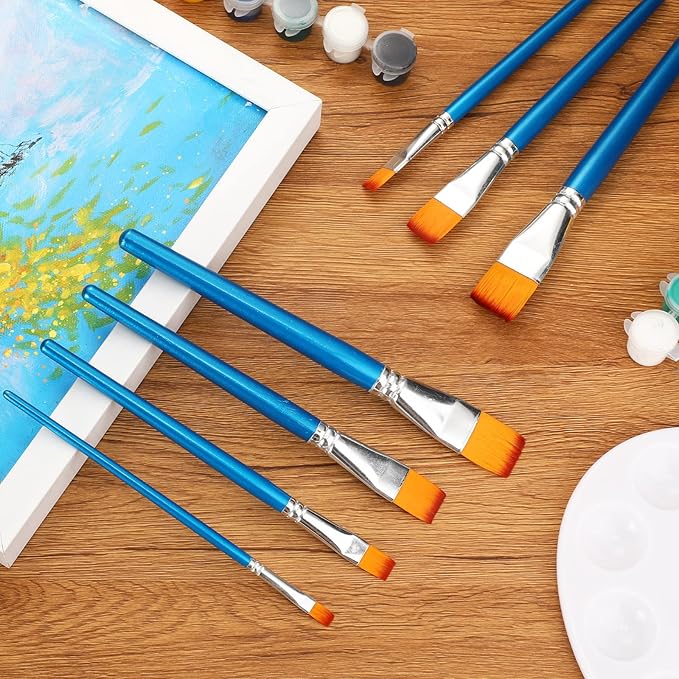 Sherr 48 Pcs Paint Brush Set Bulk Acrylic Brush Wood Paint for Detail Art Crafts Kids Artist Adult Watercolor Oil Face Body(1, 0.75, 0.5, 0.25 Inch,Flat Style)